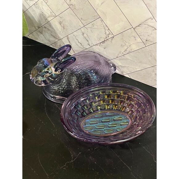 Purple Iridescent Glass Bunny Covered Dish – Hen on Nest Style - Picture 2 of 5